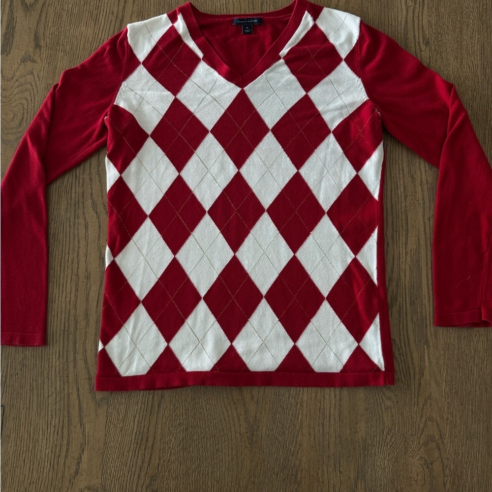 Tommy Hilfiger Argyle V Neck Sweater Red White Medium 2000’S Y2K long sleeve